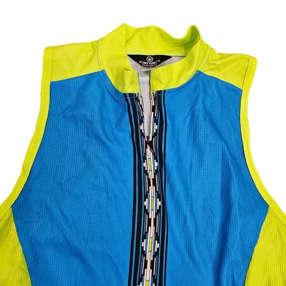 Womens XL Neon Bright Cycling Tank Yellow Blue Pockets Zip Canari Colorblock - Picture 2 of 8